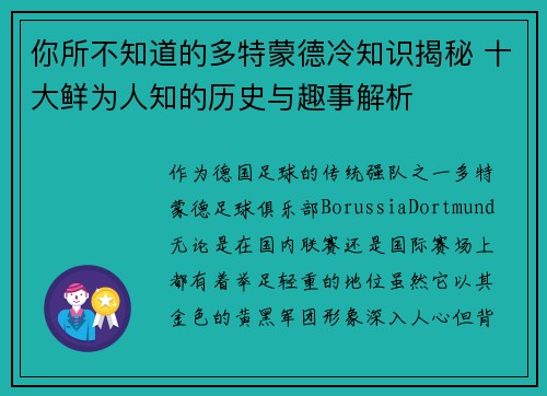 你所不知道的多特蒙德冷知识揭秘 十大鲜为人知的历史与趣事解析