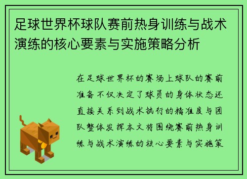 足球世界杯球队赛前热身训练与战术演练的核心要素与实施策略分析