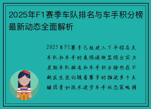 2025年F1赛季车队排名与车手积分榜最新动态全面解析